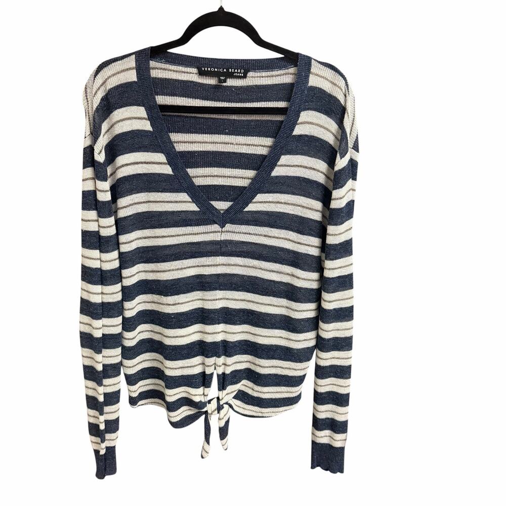 Veronica Beard Jeans Linen Blend Knit Tie Front V Neck Top Striped Womens Large